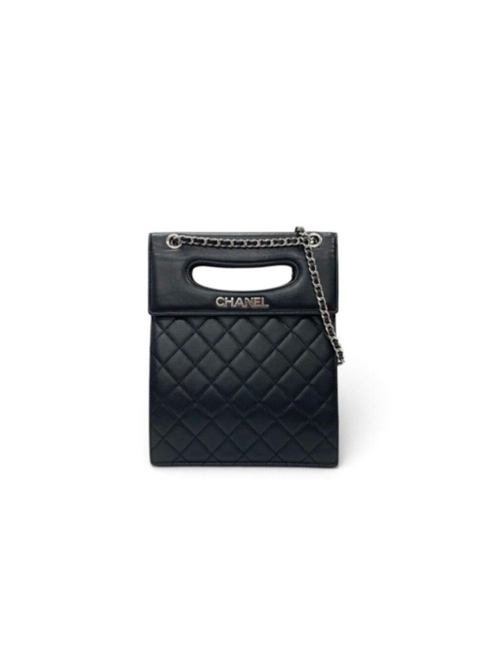 Chanel Shoulder Bag Black Silver Delivery Cutout Handle CC Logo Quilted Chain